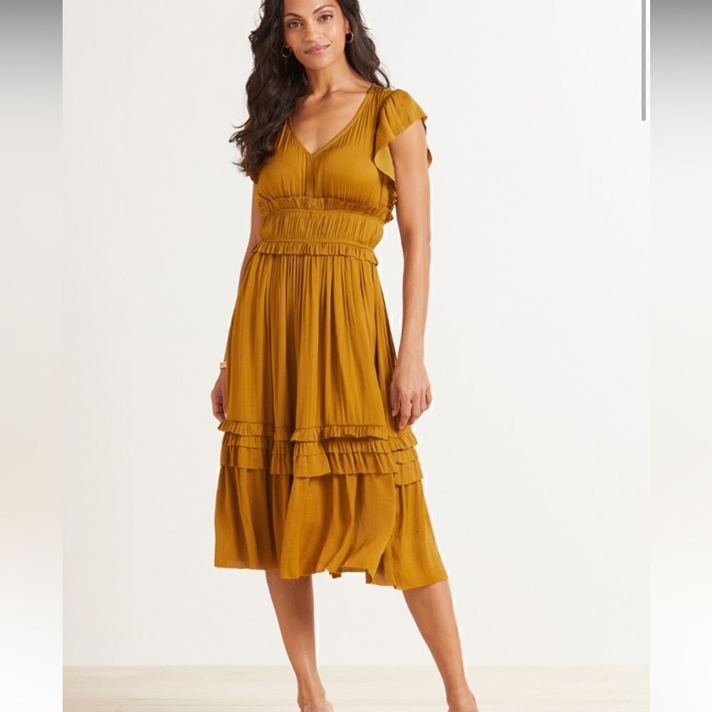 Roan + Ryan Talulah Dress beautiful gold color fabric flattering ruffles